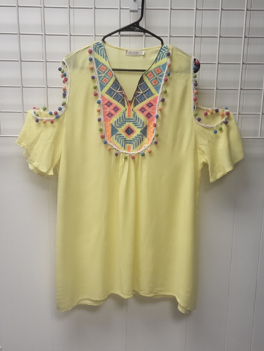 Velzera Yellow Cold-Shoulder Tunic with Multicolor Embroidery and Pom-Poms, 2X